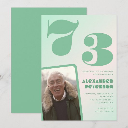 緑のグラデーション73歳の誕生日招待状 男性 写真 招待状 (正面/裏面)