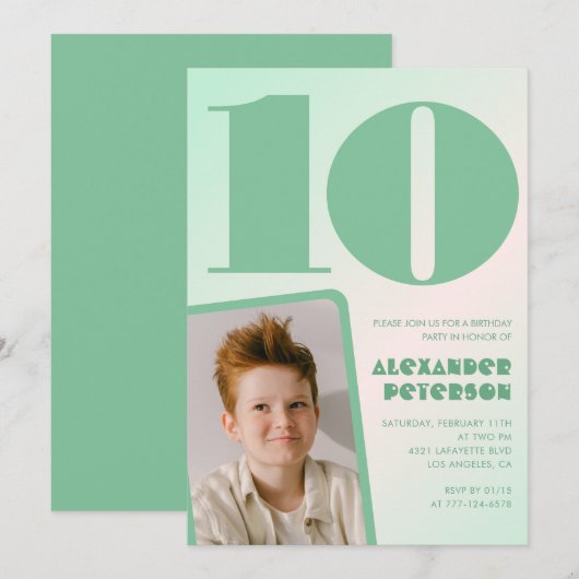 緑のグラデーション 10歳の誕生日招待状 男の子 写真入り 招待状 (正面/裏面)
