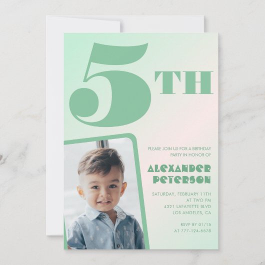 緑のグラデーション 5歳の誕生日 招待状 男の子 写真入り (正面)