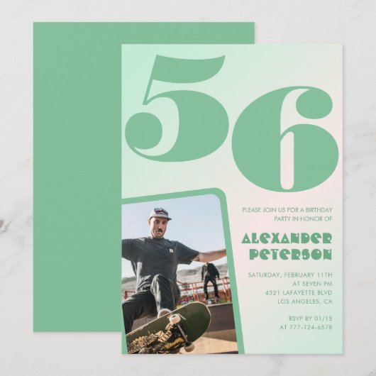 緑のグラデーション 56歳の誕生日招待状 男の子の写真 招待状 (正面/裏面)