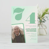 緑のグラデーション 74歳の誕生日招待状 少年 写真 招待状 (スタンド正面)