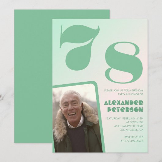 緑のグラデーション 78歳の誕生日招待状 メンズ フォト 招待状 (正面/裏面)