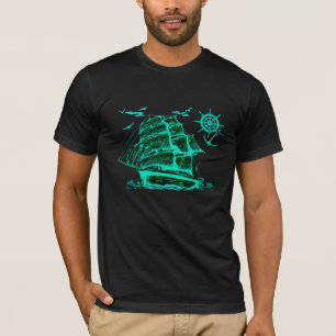 緑のグラフィックを使用した古い帆船 Tシャツ