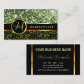 緑のグリッターおよびヒョウの皮-美容師 名刺 (正面/裏面)