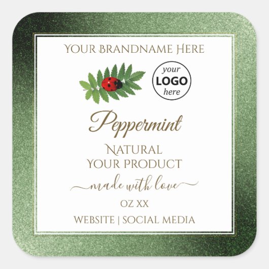緑のグリッターと白の製品ラベルLadybugロゴ スクエアシール (正面)