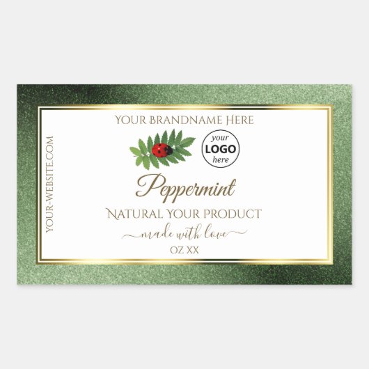 緑のグリッターと白の製品ラベルLadybugロゴ 長方形シール (正面)