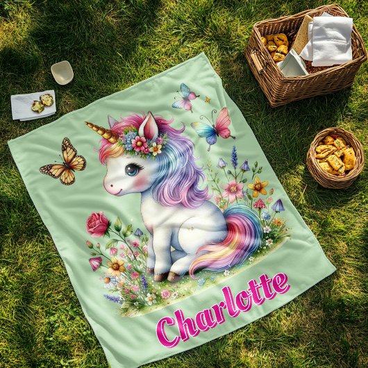 緑のグリッターの一角草原の野草 フリースブランケット