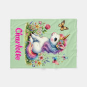 緑のグリッターの一角草原の野草 フリースブランケット (正面(横))