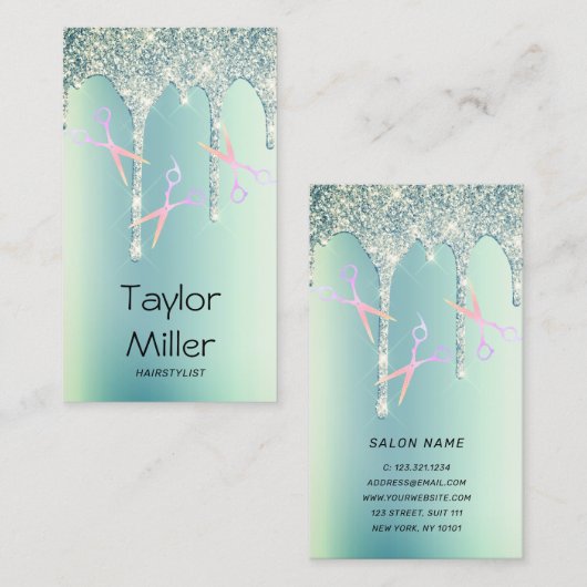 緑のグリッターは、ホログラフィックはさみの毛を垂らす 名刺 (正面/裏面)