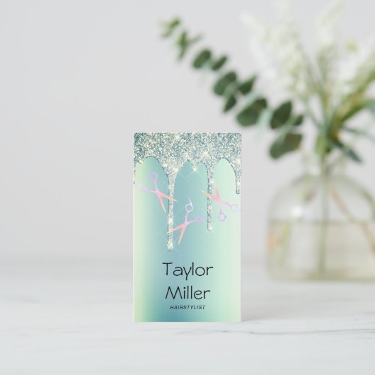 緑のグリッターは、ホログラフィックはさみの毛を垂らす 名刺 (スタンド正面)