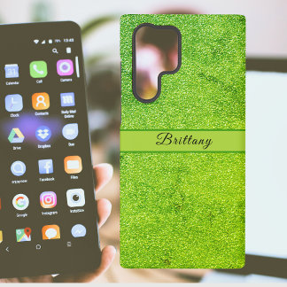 緑のグリッターアート抽象芸術の名前の追加 SAMSUNG GALAXY S22 ULTRAケース