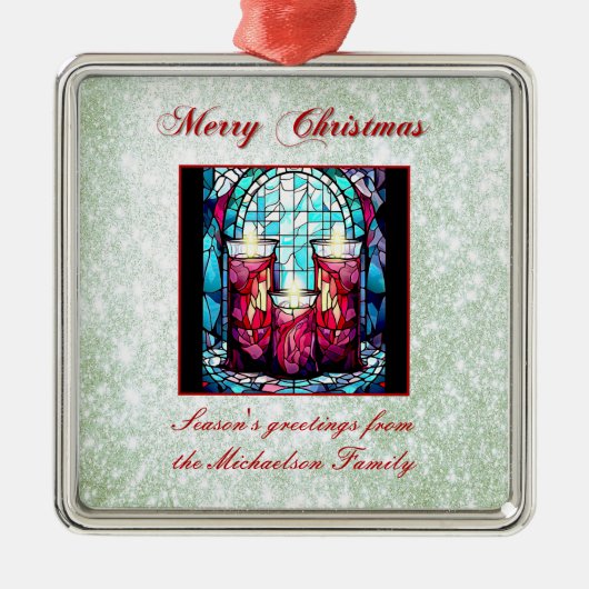 緑のグリッタークリスマスステンドグラスキャンドル メタルオーナメント (正面)