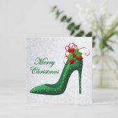 緑のグリッターハイトクリスマスグリーティングカード (スタンド正面)