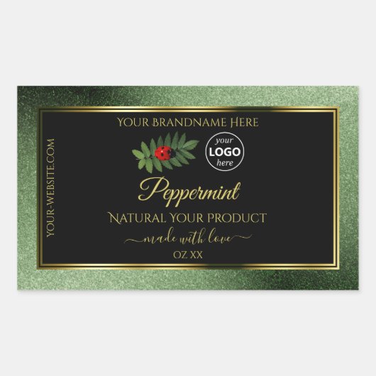 緑のグリッターブラック製品ラベルLadybugロゴ 長方形シール (正面)