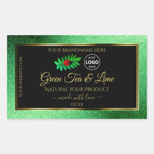 緑のグリッターブラック製品ラベルLadybugロゴ 長方形シール (正面)