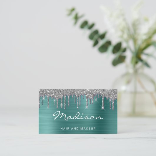 緑のグリッターヘアとメイクアップスタイリスト 名刺 (スタンド正面)