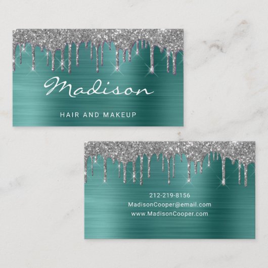 緑のグリッターヘアとメイクアップスタイリスト 名刺 (正面/裏面)