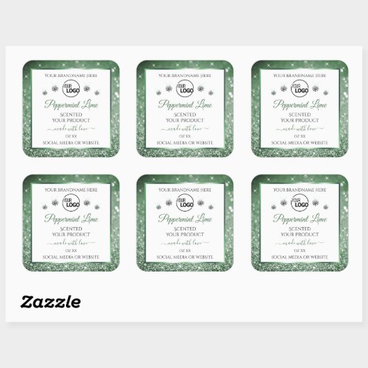 緑のグリッターホワイトプロダクトラベルロゴダイヤモンド スクエアシール (シート)