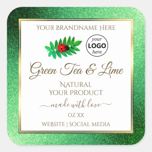 緑のグリッターホワイトプロダクトラベルLadybugロゴ スクエアシール (正面)