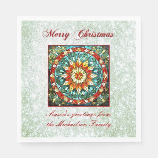 緑のグリッター効果ステンドグラスフローラ曼荼羅 スタンダードランチョンナプキン (正面)