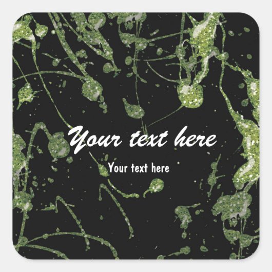 緑のグリッター絵を描(ばちゃばちゃ)跳ねるパーティーステッカーラベル スクエアシール (正面)