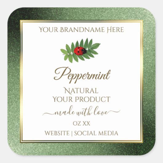 緑のグリッター金ゴールドと白い製品ラベルLadybug スクエアシール (正面)