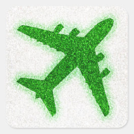 緑のグリッター飛行機の丸いステッカーラベル スクエアシール