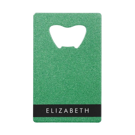 緑のグリッター、グリッターの背景、名前 クレジットカード栓抜き (正面)