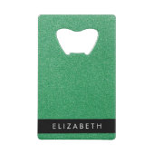 緑のグリッター、グリッターの背景、名前 クレジットカード栓抜き (裏面)