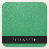 緑のグリッター、グリッターの背景、名前 スクエアペーパーコースター (正面)
