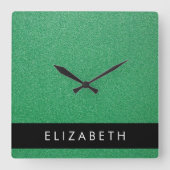 緑のグリッター、グリッターの背景、名前 スクエア壁時計 (正面)