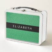 緑のグリッター、グリッターの背景、名前 メタルランチボックス (正面)