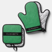 緑のグリッター、グリッターの背景、名前 鍋つかみ&鍋敷きセット (正面/裏面)