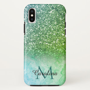 緑のグリッター、パーソナライズな大理石 iPhone XSケース