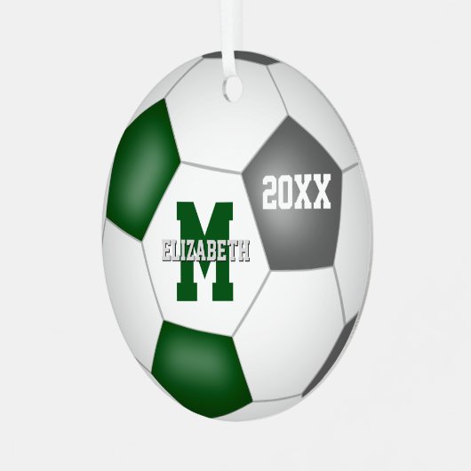 緑のグレーのチームのスピリットガールズ男の子サッカーを記念 メタルオーナメント (正面左)