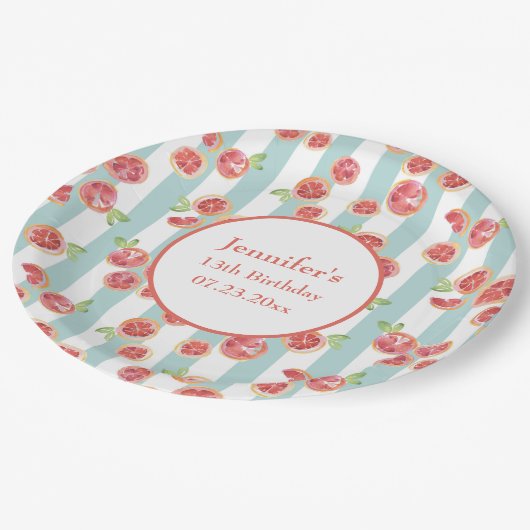 緑のグレープフルーツのパターンストライプ誕生日 ペーパープレート (アングル)