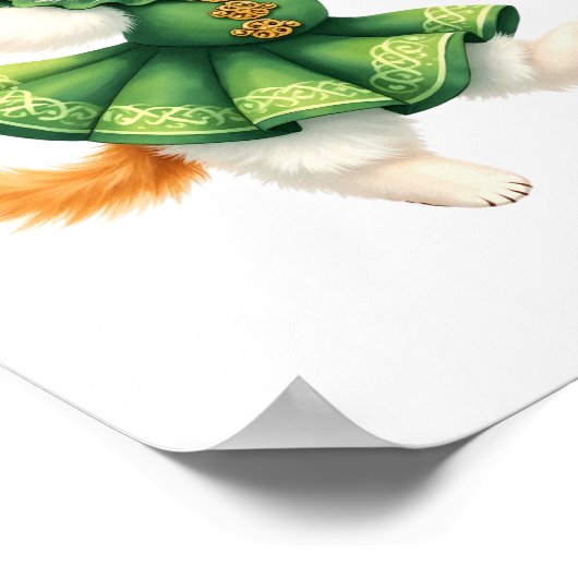 緑のケルトドレスを着たオレンジ色の子猫が踊っている ポスター (角)