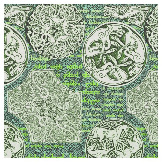 緑のケルト族犬そして馬 ファブリック (クローズアップ)