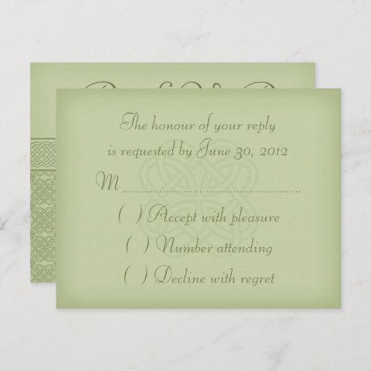 緑のケルト結び目模様の結婚式招待状RSVPカード 出欠カード (正面/裏面)