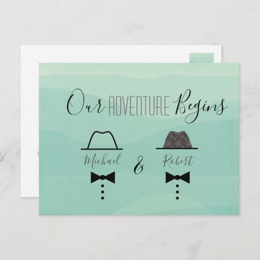 緑のゲイ結婚式の日付を保存 案内ポストカード (正面/裏面)