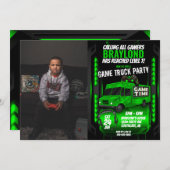 緑のゲームトラック誕生日パーティーの写真招待状 招待状 (正面/裏面)