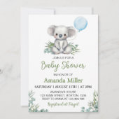緑のコアラブルーバルーンベビーシャワー 招待状 (正面)