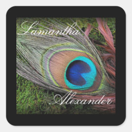 緑のコケと豊かな孔雀の羽 スクエアシール