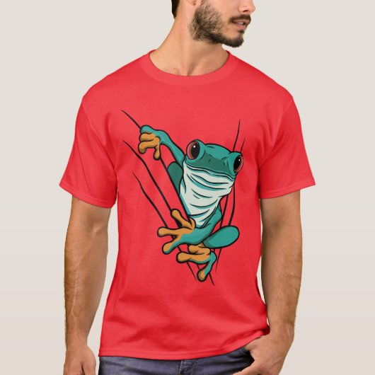 緑のコミックカエルが割れ目から登場　男性 女性向け Tシャツ (正面)