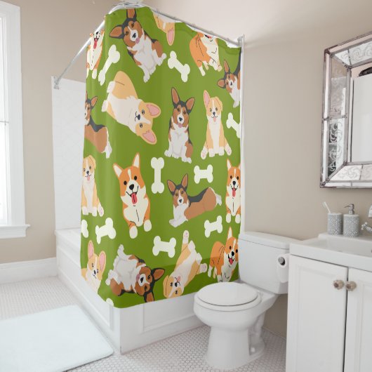 緑のコルギのかわいい柄 シャワーカーテン (インサイチュ)