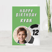 緑のサッカーボール写真誕生日 カード (正面)