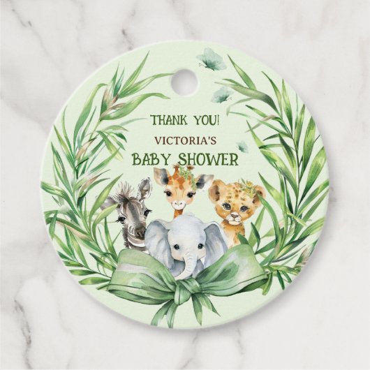 緑のサファリの動物が赤ちゃんシャワーを浴びてくれてありがとう フェイバータグ (正面)