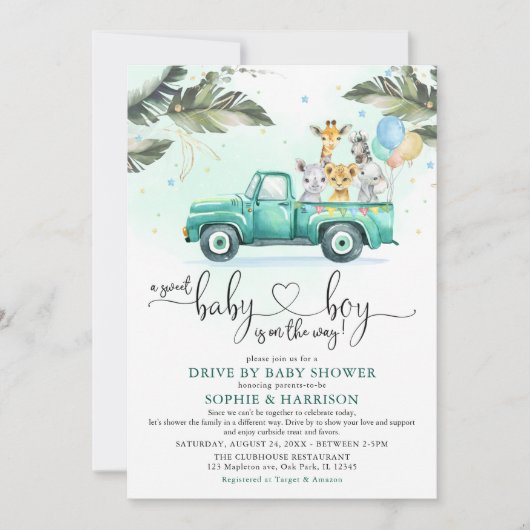 緑のサファリの動物たちが赤ん坊のシャワーを通り抜ける 招待状 (正面)