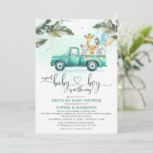 緑のサファリの動物たちが赤ん坊のシャワーを通り抜ける 招待状 (スタンド正面)