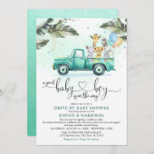 緑のサファリの動物たちが赤ん坊のシャワーを通り抜ける 招待状 (正面/裏面)